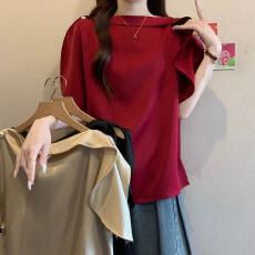 批发胖mm大码缎面简约宽松上衣一字肩衬衫高级夏季新款短袖T恤上衣女
