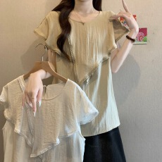 批发大码法式不规则短袖T恤衬衫女2026年夏季设计感百搭显瘦休闲上衣