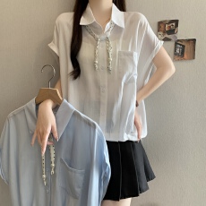 批发白色polo领短袖衬衫女<b class='q'>夏</b>季新款波点丝带短款抽绳收腰宽松显瘦上衣