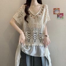 批发法式钩花<b class='q'>镂空</b>针织短袖女2026新款夏季宽松短款罩衫薄纱上衣女夏款