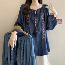 批发复古文艺刺绣七分袖<b class='q'>牛仔</b><b class='q'>衬衫女</b>2026夏季新款大码胖mm薄款宽松上衣