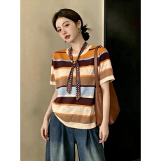 批发韩系复古条纹针织短袖女夏季薄款冰丝透气丝巾款撞色圆领T恤上衣