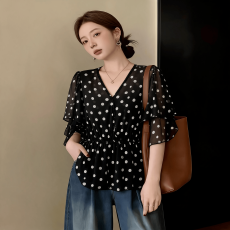 批发法式复古黑色波点雪纺衫女2026新款夏季气质系带薄款短袖背心上衣