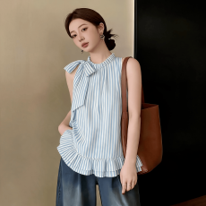 批发上衣衬衫韩系无袖条纹立领衬衫女夏季新款小清新蝴蝶结衬衣上衣