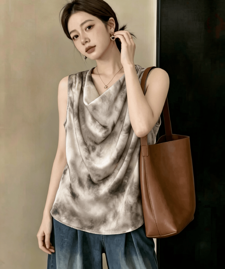 빅 사이즈 지방 mm 캐주얼 홀치기 염색 흔들다 칼라 몸매 가꾸기 불규칙 디자인 반팔 티셔츠 미니멀리즘 민소매 조끼 표지 고기 의류