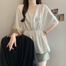 法式时尚气质V领衬衫女夏季大码收腰缎面设计感宽松减龄显瘦上衣