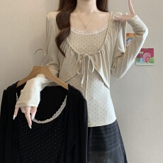 批发大码胖mm韩系少女夏季波点蝴蝶结吊带背心女新款白色长袖开衫上衣