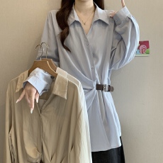 批发大码女装胖mm韩系翻领领不规则绑带条纹长袖衬衫2026秋季显瘦上衣