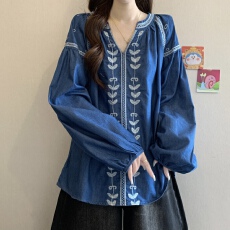 批发休闲牛仔衬衫韩版21秋季新款女装宽松大码衬衣欧美风重工刺绣上衣