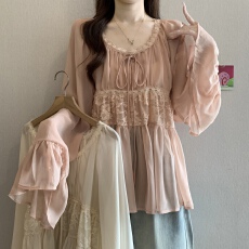 批发大码甜美学院高级简约飘飘蕾丝衫女<b class='q'>春</b>夏新款宽松显瘦娃娃衫上衣