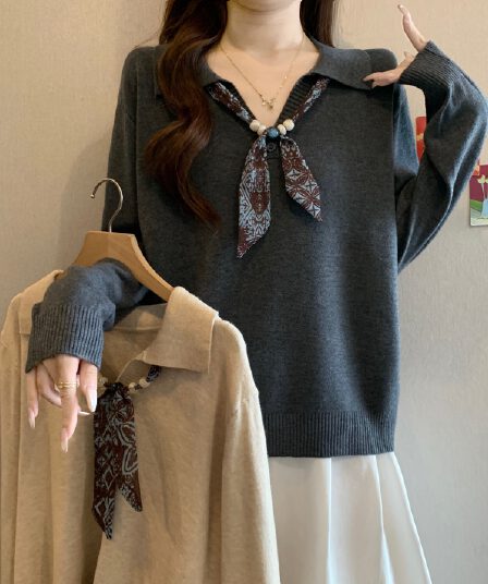 오래된 돈 바람 고급 디자인 센스 패션 폴로 칼라 스카프 반팔 니트 긴 소매 셔츠 여성 여름 루즈핏 빅 사이즈 맨위