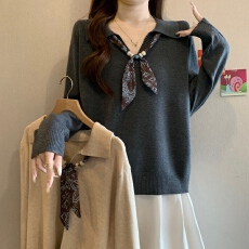 批发老钱风高端设计感时尚翻领丝巾短袖针织长袖衫女<b class='q'>夏</b>季宽松大码上衣