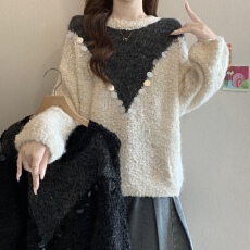 批发2026大码新款秋季重工亮片圆领套头针织毛衣慵懒风宽松上衣女