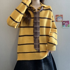 批发黄色POLO领条纹套头加厚毛衣女2026<b class='q'>春</b>秋季慵懒宽松针织衫长袖上衣