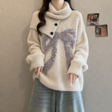 批发毛衣女套头设计感软糯<b class='q'>可爱</b>休闲毛线衣复古文艺蝴蝶结套头保暖毛衣