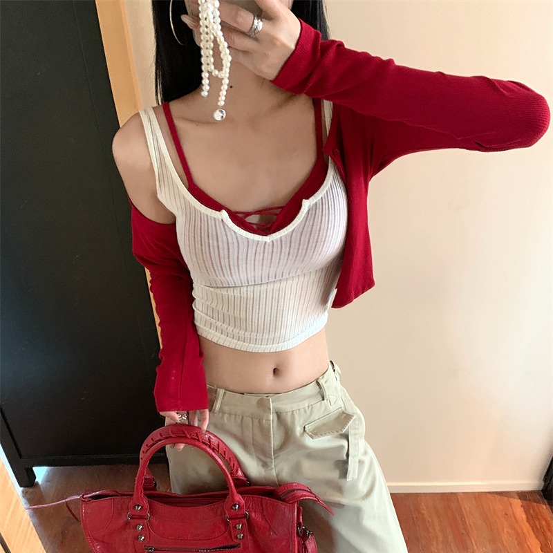 Real shot~Slim-fitting and slim knitted cardigan suit for women, pure hot girl strapless vest three-piece summer