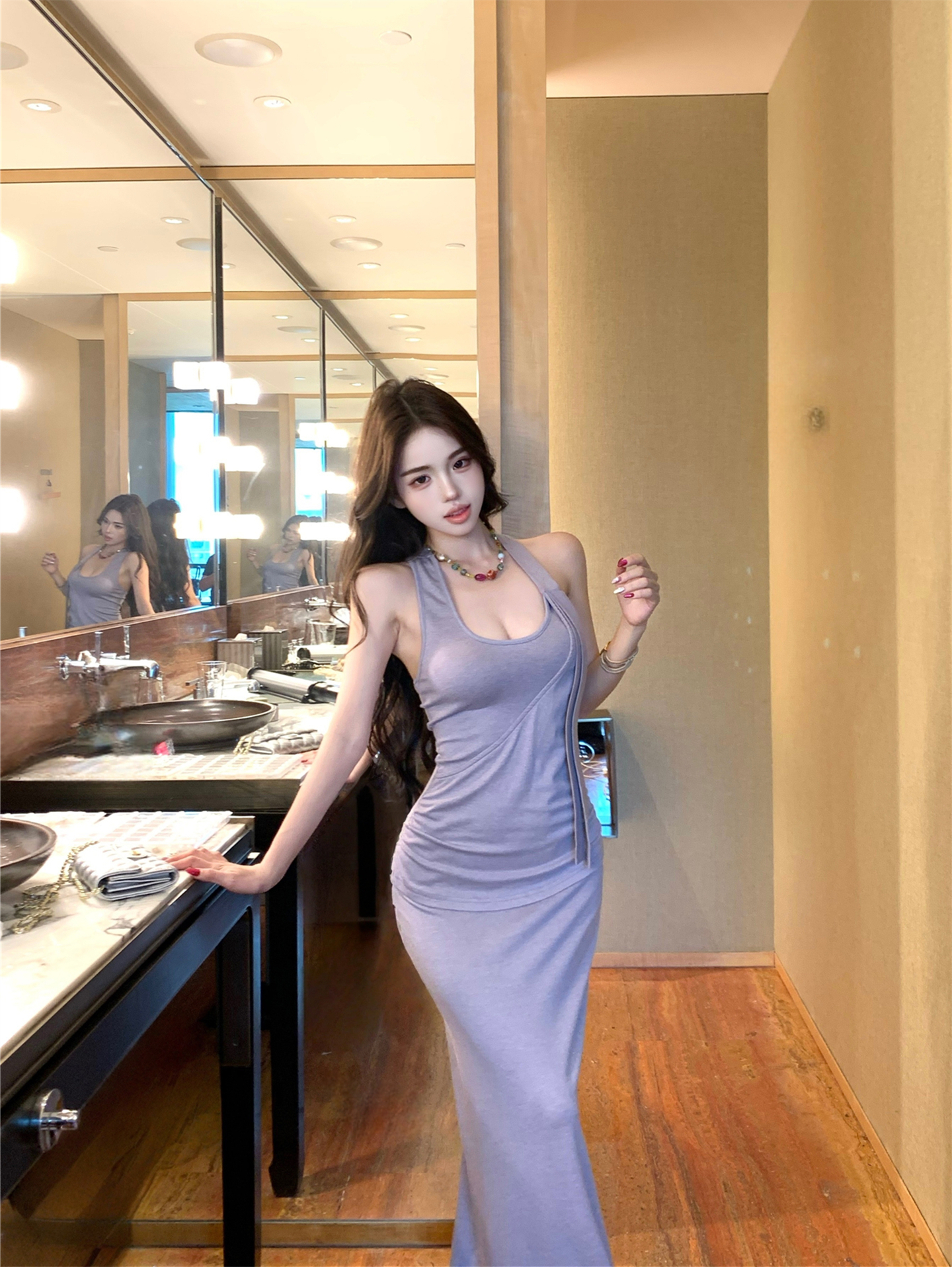 실사 여름 새로운 허리 수축 행침 목 슬립 이슬 뒤로 드레스 핫걸 보라색 타이트 스커트 멜빵 롱 스커트 여성