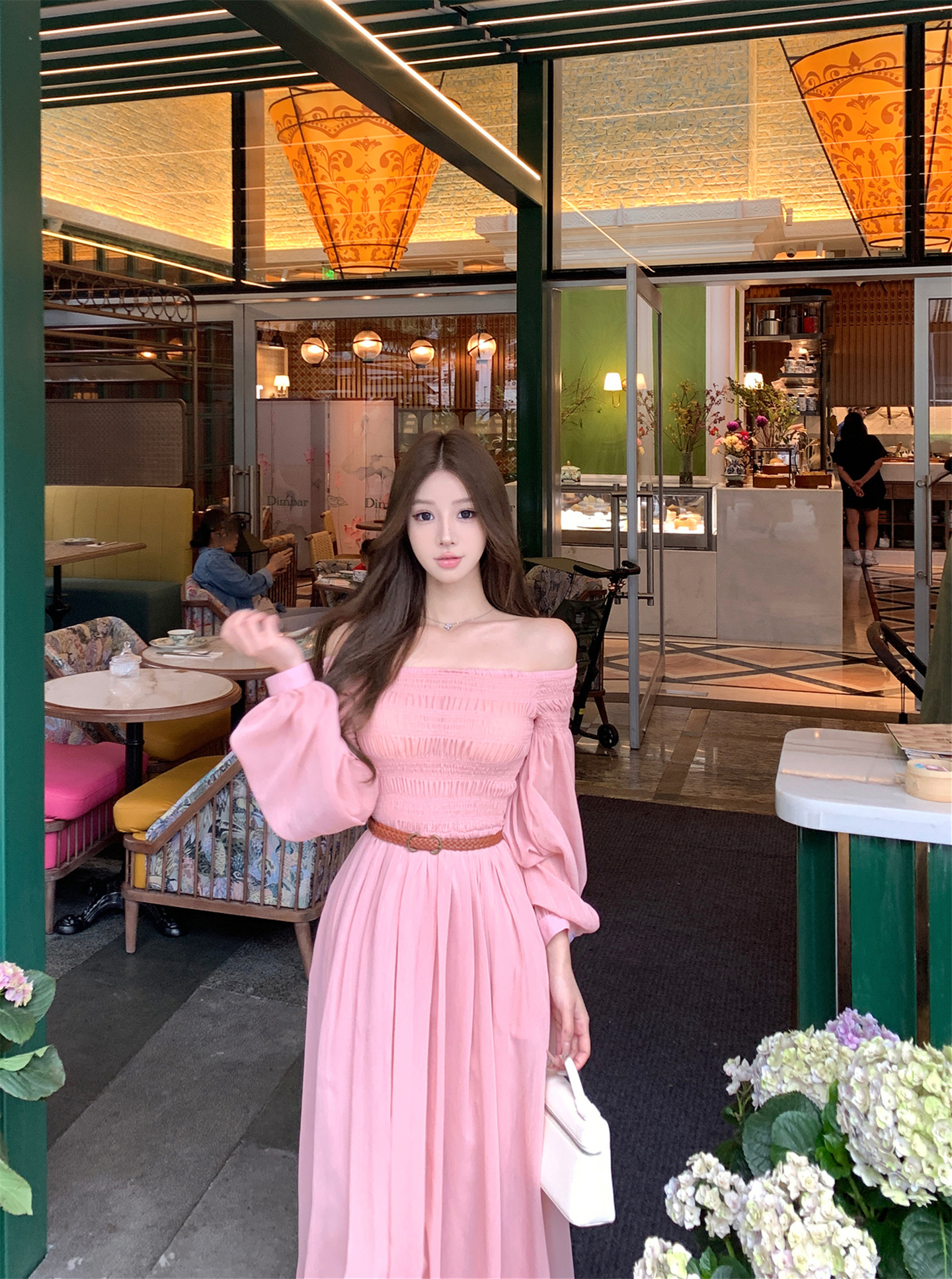 실사 자오 이슬 생각하기 같은 단락 여성 드레스 여름 프랑스식 오프숄더 고급 센스 튜브탑 아름다운 스타 분말 롱 스커트