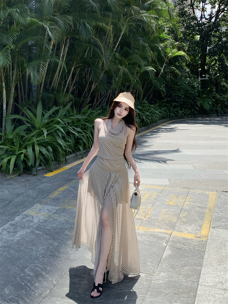 실사 호주 세대 becbridg 사설 서비스 흔들다 칼라 민소매 비스듬한 자르다 스트라이프 품격 점프 슈트 롱 스커트 포함 안감 행침 치마