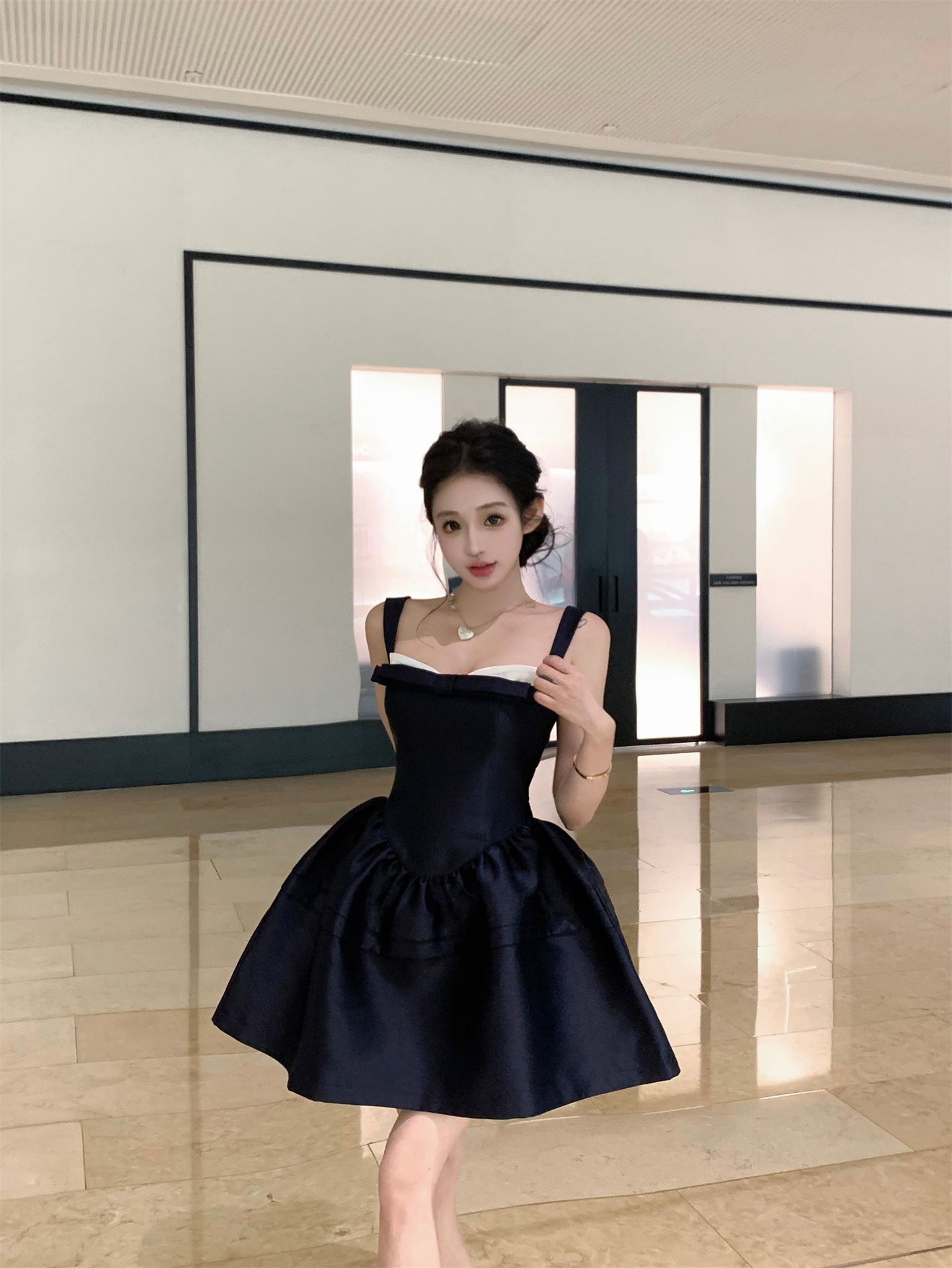 실사 새끼 고양이 귀 무거운 작업 모방 실크 털 나비 매듭 공주 주간 예복 슬립 드레스