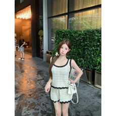 批发实拍~恋夏story 钩花撞色针织U领背心吊带短裤长裙三件套女夏