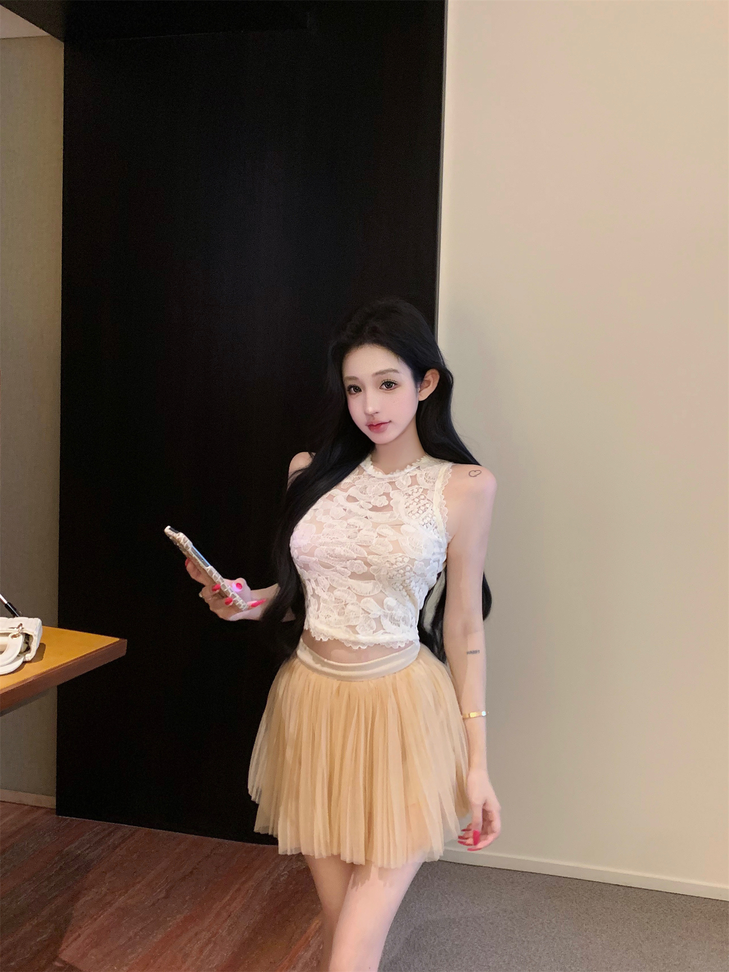 실사 矜贵 아름다움 순수한 욕망 무거운 작업 자수 홀로우 아웃 레이스 조끼 망사 퍼프 미니 스커트 세트