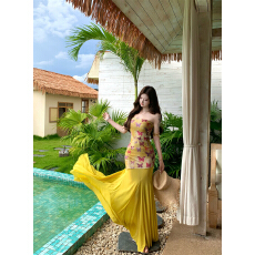 批发实拍~秘蝶仙子 蝴蝶拼接抹胸连衣裙女夏季收腰包臀一字肩长裙