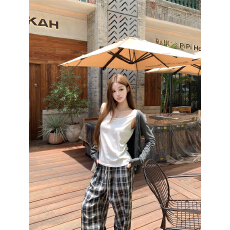 批发实拍~韩版慵懒风<b class='q'>防晒</b>针织<b class='q'>外套</b>+小背心+休闲格子阔腿裤三件套