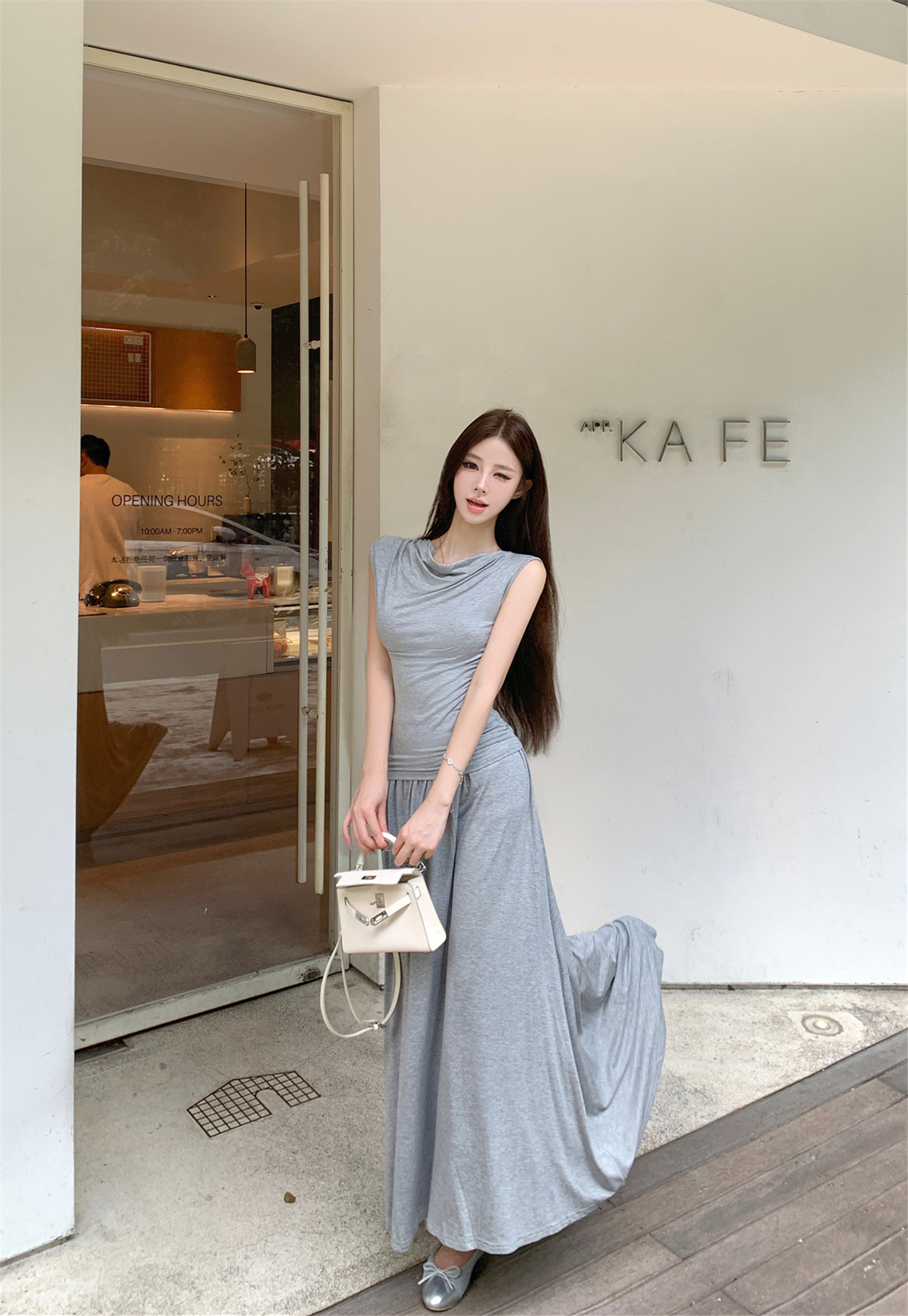 FA32582# ～韩系纸片人气质姐姐ootd慵懒天丝羊毛荡领背心半裙套装 服裝批發女裝批發服飾貨源