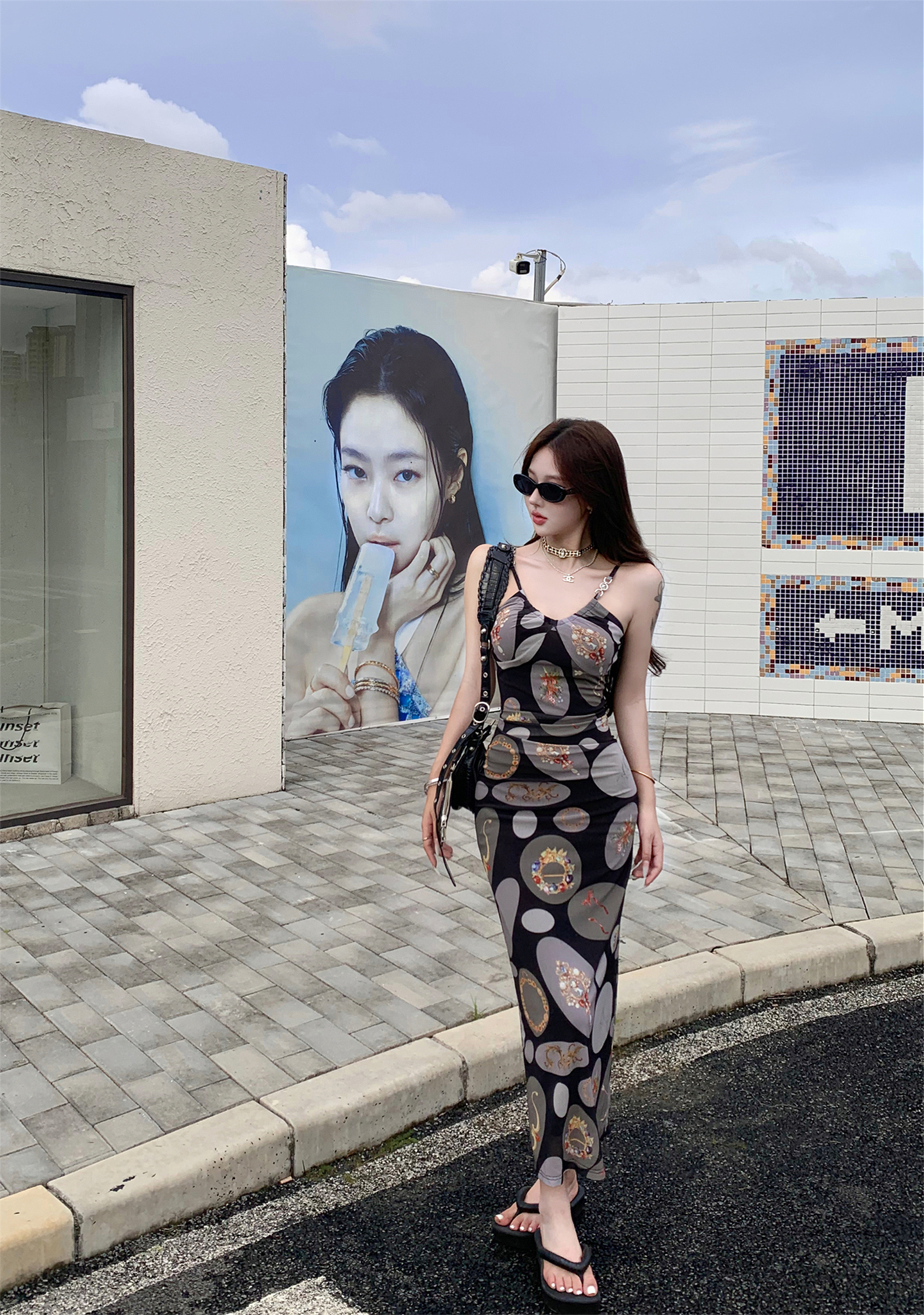 FA33581# ～中古名伶复古印花吊带连衣裙女收腰显瘦长裙鱼骨胸衣 服裝批發女裝批發服飾貨源
