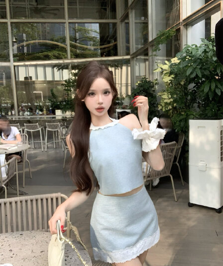 실사 새로운 샤오시엔 세트 여성 여름 고급 센스 행침 목 맨위 반 스커트 얇은 스타일 투피스 세트