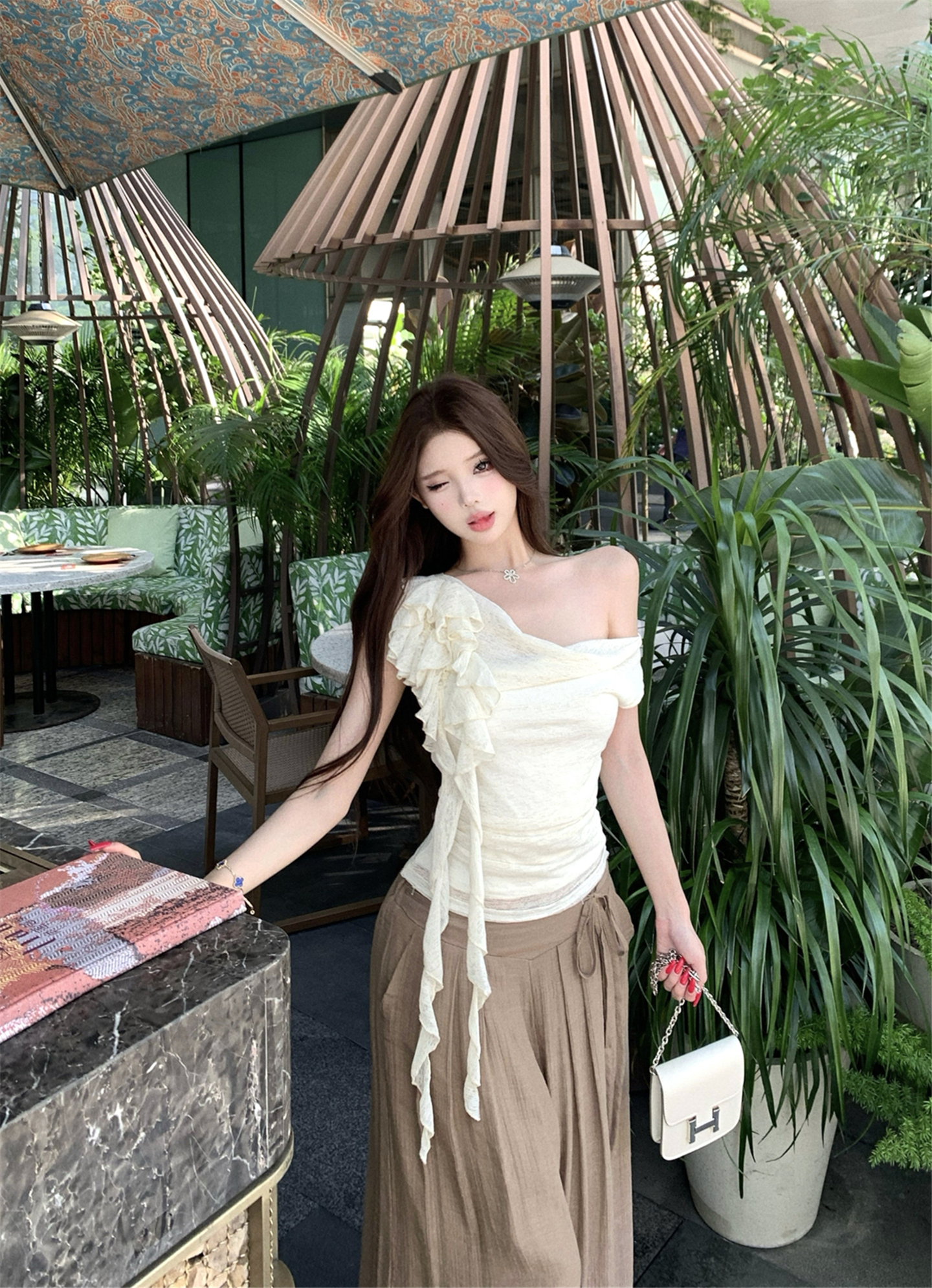 실사 흔들다 칼라 리본 꽃 비스듬한 어깨 반팔 티셔츠 여성 꼬집기 허리 다용도 캐주얼 펄럭 이는 길다 바지 투피스 세트