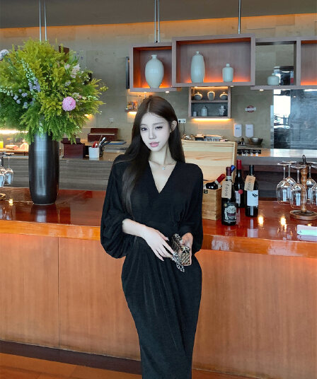 실사 이른 가을 로얄 자매 맨위 흐름 V넥 퍼프 소매 허리 Pleat Pleat 트임 높음 폭탄 망사 드레스