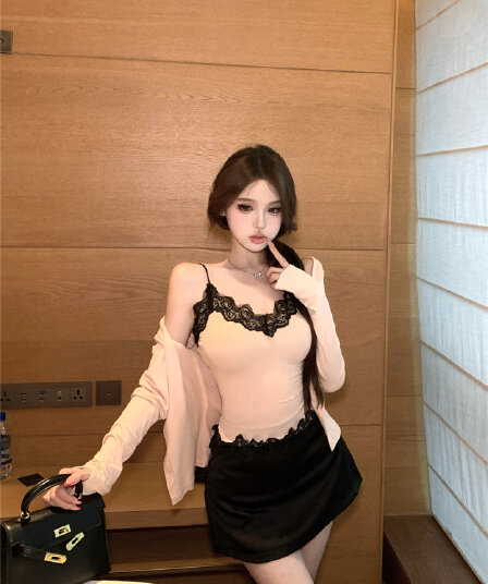 실사 프랑스식 차 휴식 알몸의 핑크색 라이 경기 서울 레이스 슬립 여성 몸매 가꾸기 짧은 맨위 반 스커트 세 조각 세트