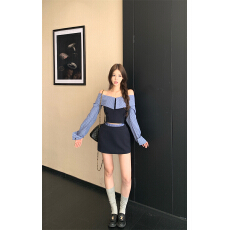 批发<b class='q'>实拍</b>～早春 拼接格子长袖衬衫女设计感小众复古衬衣一字肩上衣