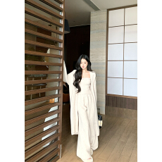 批发实拍～秋冬 针织开衫吊带阔腿裤三件套装<b class='q'>宽松</b>慵懒风长款毛衣外套