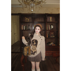 批发实拍～秋<b class='q'>冬</b> 小狗复古宽松毛衣慵懒风外穿针织衫+百褶短款高腰皮裙