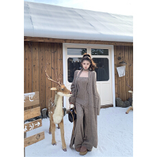 批发实拍～秋冬 舒适针织裹胸裤子开衫飘带慵懒四件套 时尚羊毛套装