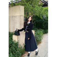 批发实拍～<b class='q'>秋</b>冬 小香风夹棉外套+条纹法式短衬衣+气质百褶垂感长裙女