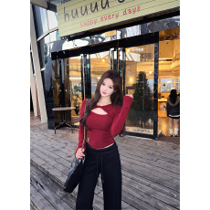 批发<b class='q'>实拍</b>～心机打底王薄绒解构扭结镂空长袖T恤女+加厚加绒显瘦阔腿<b class='q'>裤</b>