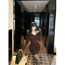 批发实价~春秋冬 新款辣妹纯欲V领拼<b class='q'>蕾丝</b>长袖修身设计收腰气质<b class='q'>连衣裙</b>