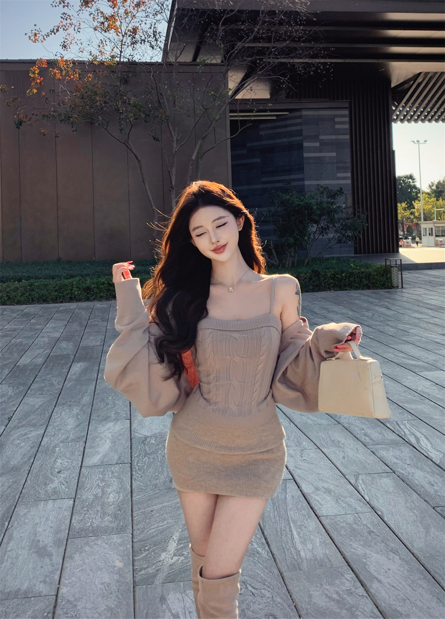 실사 봄 가을 겨울 모카 뮤 S 벌룬 소매 트위스트 꽃 캐미솔 오픈 가디건 니트 두 조각 여성 세트