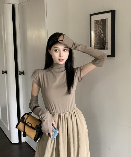 실사 봄 여름 새로운 한 부서 패치워크 반팔 반하이넥 허리 수축 슬림해 보이는 롱 코트 여성 드레스