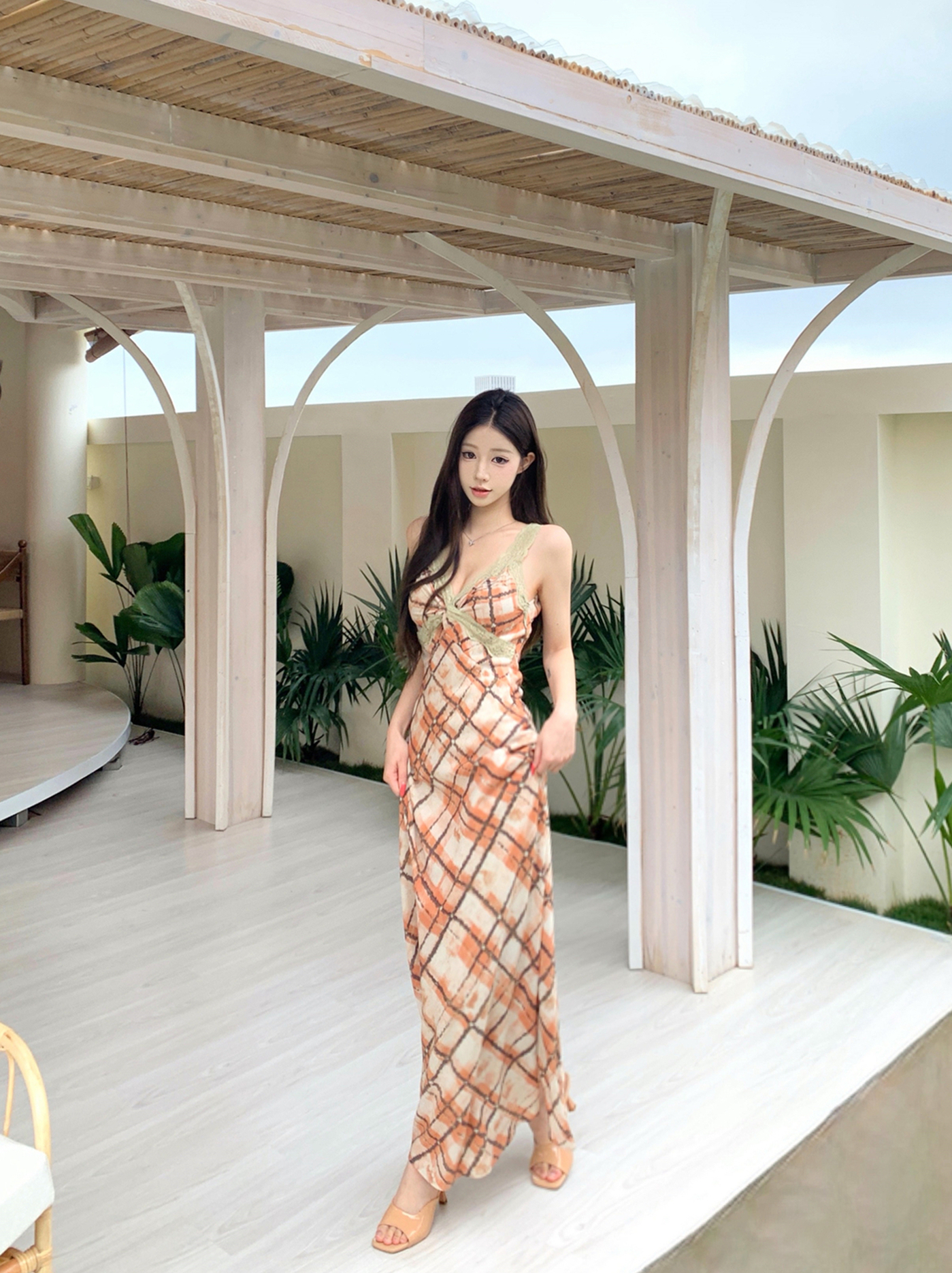 실사 레트로 색조 체크무늬 슬립 여성 드레스 프랑스식 품격 프린트 롱 스커트 휴가 조끼 스커트