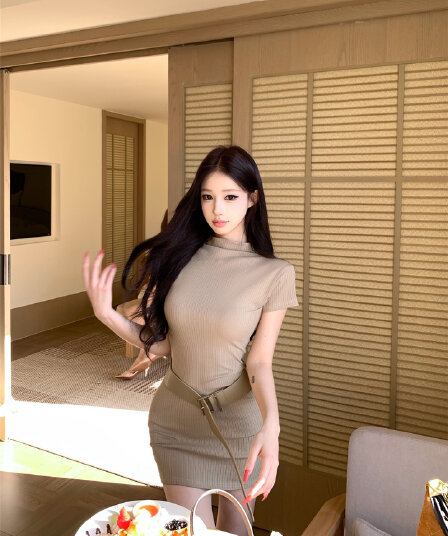 실사 한국 동대문 새로운 한국 스타일 2026 프랑스식 고급 반하이넥 반팔 드레스 벨트 포함