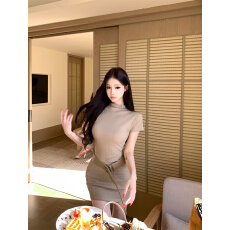 批发实拍～韩国<b class='q'>东大门</b>新款韩版2026法式高级半高领短袖<b class='q'>连衣裙</b>/配腰带