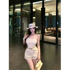 批发实拍～抹胸连体短裤女夏季一字露肩纯欲风性感辣妹连体裤/配皮带