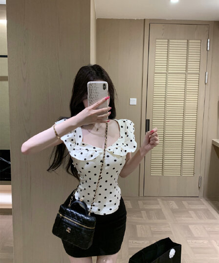 실사 품격 전체 집합 ootd 착용 가져 가라. 섹시함 핫걸 오프숄더 도트 무늬 맨위 미니 스커트 투피스 슈트 여성