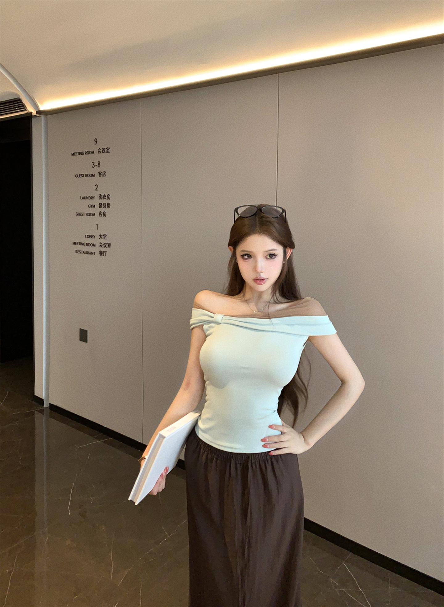 실사 배색 오프숄더 나비 매듭 반팔 티셔츠 여성 주간 실크 루즈핏 스트레이트 한 마디 반신 롱 스커트 여름