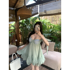 批发实拍～恋夏薄荷 法式少女蝴蝶结薄荷绿吊带短裙荷叶边连衣裙夏